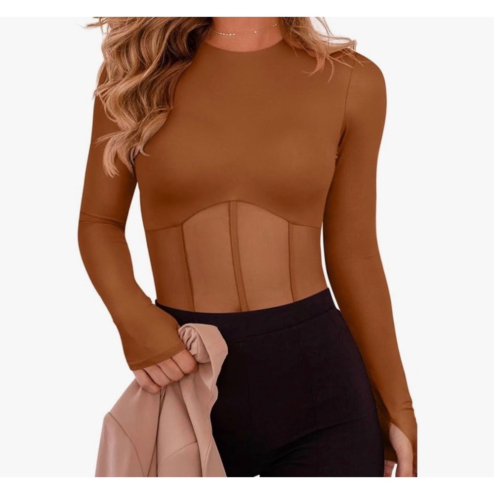 ReoRia Brown Long Sleeve Crewneck Corset Mesh Waist Bodysuit Large NEW Going Out
